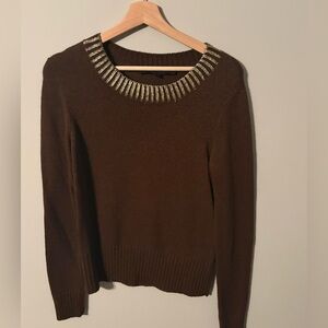 French Connection brown women’s crewneck sweater with metallic trim